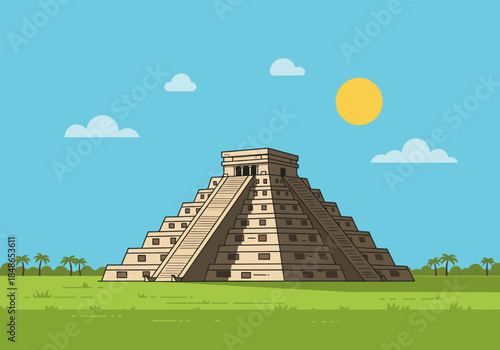 Illustrated View of the Pyramid of Kukulcán at Chichen Itza.