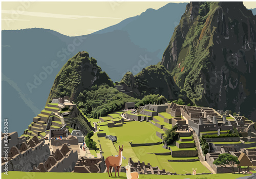 Machu Picchu Ancient City with Llama in Peru.