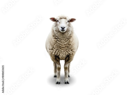 Sheep Standing Front View Isolated White Background.