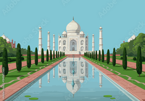 Taj Mahal Illustration with Reflection in Pool.