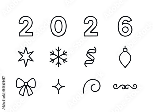 Festive Snowy Icon Set. Festive snowy events. Filled icon set of festive snowy events: crisp snowflake, sleigh