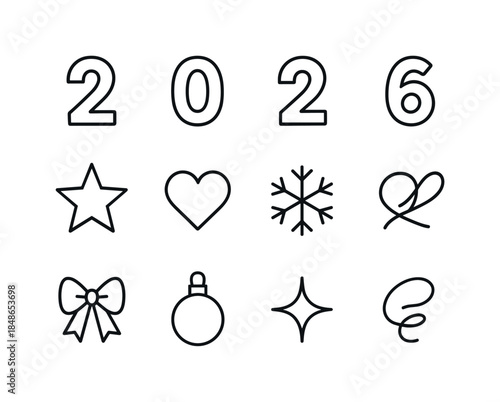 Tinsel-Wrapped Greenery Icons. Tinsel-wrapped greenery. Line outline icon set of Tinsel-wrapped greenery: pine