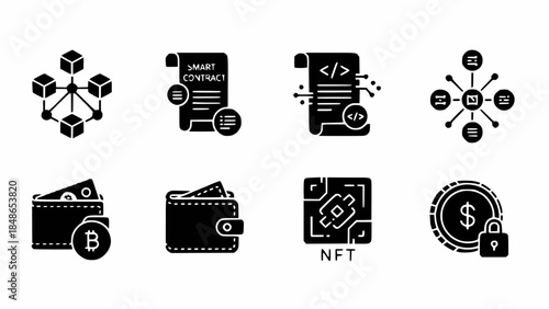 A professional collection of black music and technology vector icons featuring a set of web symbols like video, laptop, and camera pictograms for business and internet applications