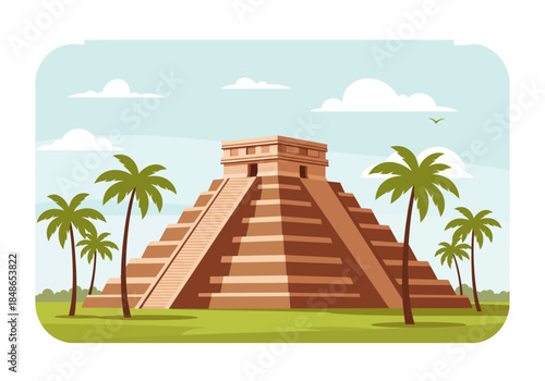 Chichen Itza Pyramid Illustration with Palm Trees and Blue Sky.