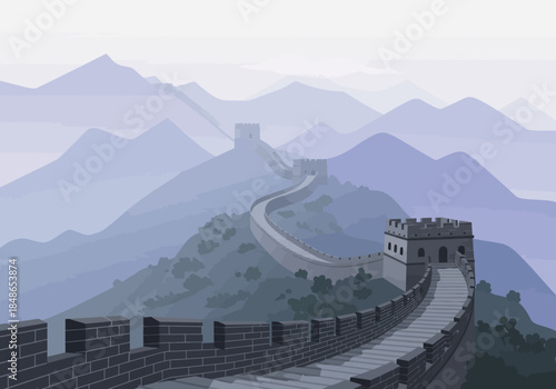 The Great Wall of China winding through misty mountains.
