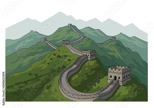The Great Wall of China winding through green hills and mountains.