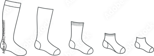 Set of hand drawn vector outline icons showing different sock lengths from long knee high to short ankle