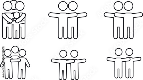 Set of six minimalist vector line icons illustrating couples and pairs of people hugging, embracing, and standing with arms linked, symbolizing friendship, teamwork, support, and closeness