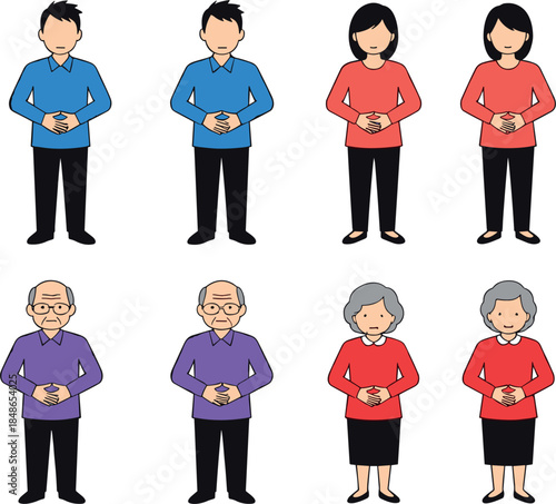 Set of flat vector illustrations showing diverse men and women of different ages experiencing stomach pain, abdominal ache, and indigestion problems