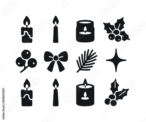 Black Holiday Icons. Holiday gift bag. Filled icon set of holiday gift bag: gift sack, present cube, bow