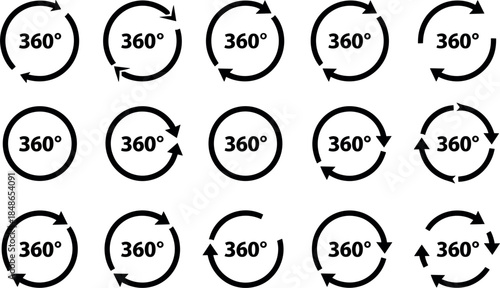 Set of fifteen black vector line icons depicting 360-degree rotation, circular perspective, and curved arrows, suitable for product viewing, photography, and immersive experience concepts