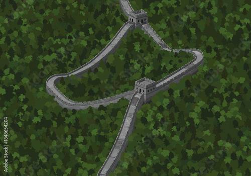 Great Wall of China winding through a dense forest landscape.