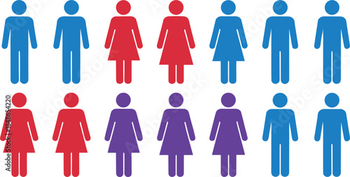 Flat vector diagram illustrating a grid of diverse figures in colored rows, representing demographic data, group composition, team makeup, gender ratio, or statistics