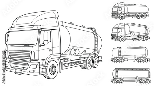 Detailed line art illustration of a cement mixer truck in various views