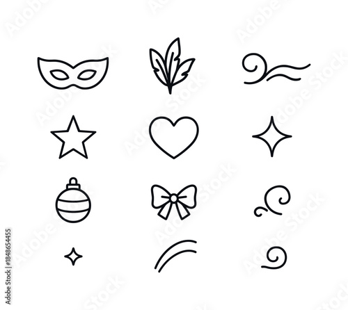 Party Music Icons. Party music instruments. Filled icon set of party music instruments: drum head, brass horn,