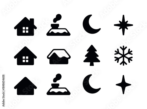 Winter Décor Icons. Winter relax décor set. Filled icon set of winter relax décor set: blanket item, cushion
