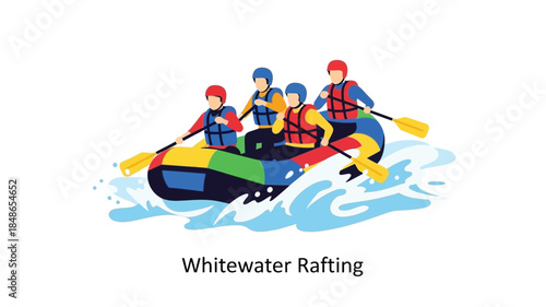 A vibrant illustration of people enjoying whitewater rafting on a river