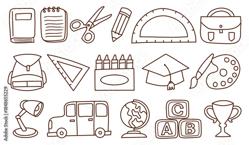 Simple line art back to school icon set with clean hand drawn outlines of school and education elements. Perfect for learning and design use
