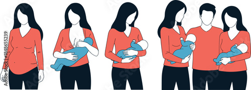 Vector illustration set showing stages of motherhood and parenting, including pregnancy, breastfeeding, holding a baby, and a couple engaging in newborn care