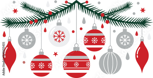 Traditional evergreen boughs decorated with elegant red and silver holiday ornaments and winter snow