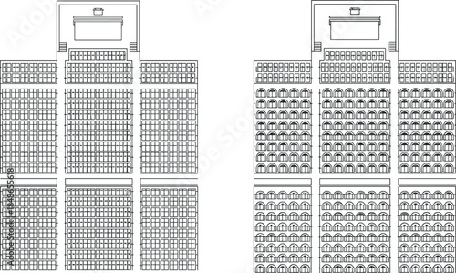 Vector outline comparison illustration of two large audience seating arrangements for a massive event, showing rectangular and circular chair layouts facing a central stage