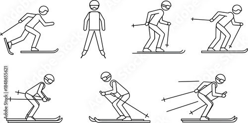 Set of black and white vector line icons illustrating various winter sports activities including downhill skiing, cross-country motion, and a figure ice skating or standing pose