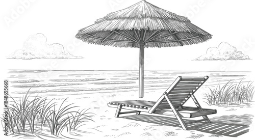 Beach Scene with Lounge Chair and Umbrella Under Clouds and Waves Keywords: beach, ocean, sea, waves, water, sand, shore, coast