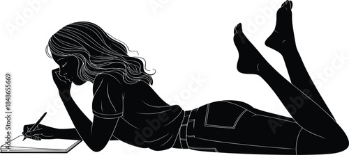 Black silhouette of a young woman lying down and writing in a notebook, peaceful creative study and journaling vector illustration