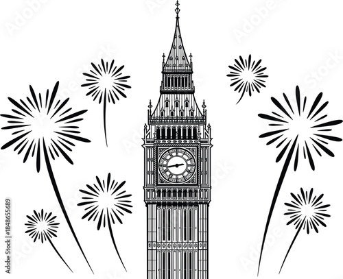 Big Ben Clock Tower Silhouette with Fireworks on White Background Keywords: Big Ben, London, England, landmark, clock tower