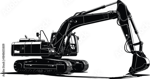 Black Silhouette of a Heavy Duty Excavator Machine on White Background construction heavy equipment