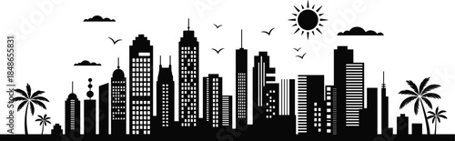 Cityscape Silhouette With Skyscrapers Palm Trees Sun And Clouds skyline urban