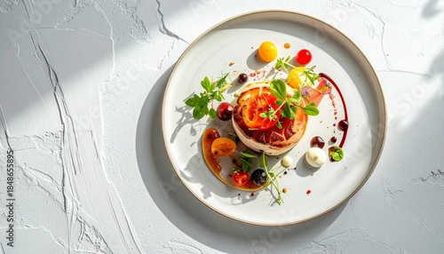 Exquisite dish with fresh vegetables and herbs on elegant plate