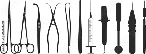 Collection Of Medical Surgical Instruments Silhouettes On White Background tool equipment