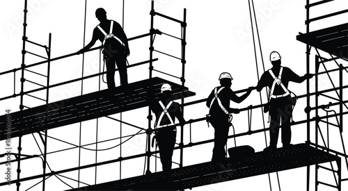Construction Workers in Safety Gear on Scaffolding with Tools and Equipment safety harness hard hat