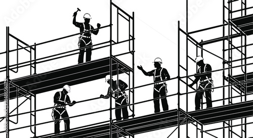 Construction Workers in Safety Harnesses on Scaffolding with Tools hard hat