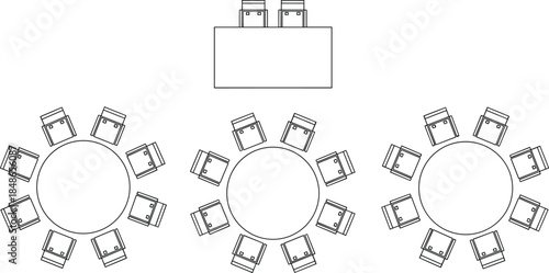 Top-down black and white line vector illustration of a professional event floor plan showing three large round guest tables and a central rectangular head table arrangement
