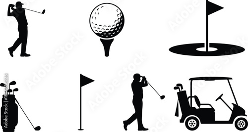 Golf equipment and player silhouettes on white background including golf cart and flag sport