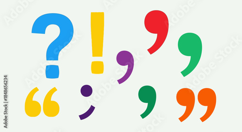 Colorful Punctuation Marks: Question Exclamation Comma Quotes.