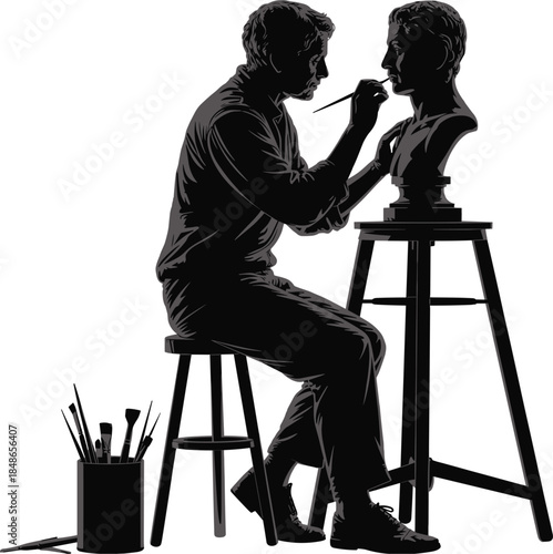 Sculptor Working on a Bust Silhouette with Tools on White Background Keywords: sculptor, artist, art, creation, sculpture, bust
