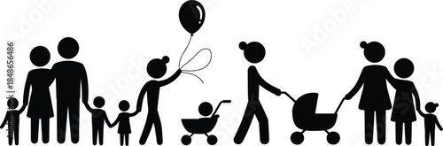 Silhouette family groups with children and baby stroller and balloon Keywords: family, silhouette, people, group, child, children