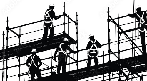 Silhouettes of Construction Workers on Scaffolding Wearing Safety Harnesses and Helmets building