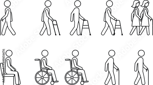 Outline Icon Set for People Using Mobility Aids: Cane Walker and Wheelchair User Symbol