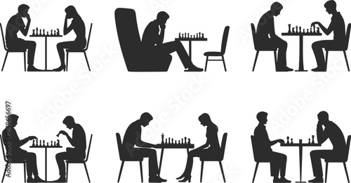 Silhouettes of people playing chess in various settings and poses on white background game strategy