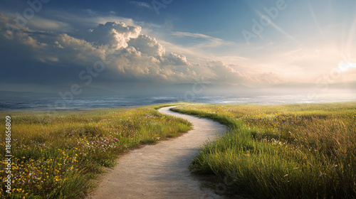 Dirt path winds through a field toward the ocean at sunset