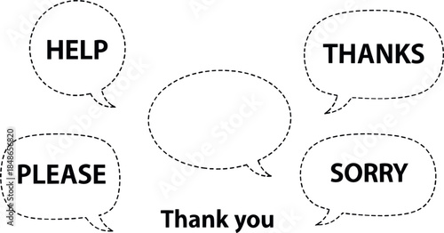 Hand Drawn Dotted Speech Bubble Set with Help Thanks Please and Sorry Text for Communication Design