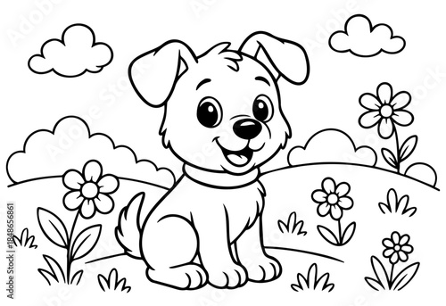 Coloring page cute dog. outline doodle drawing, vector.