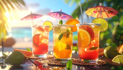 Three colorful cocktails with citrus slices and paper umbrellas sit on a wooden table overlooking a sunny tropical beach