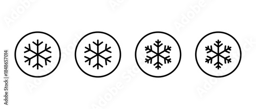 Snowflake icon set in circular outline. Winter frost, snow crystal symbol