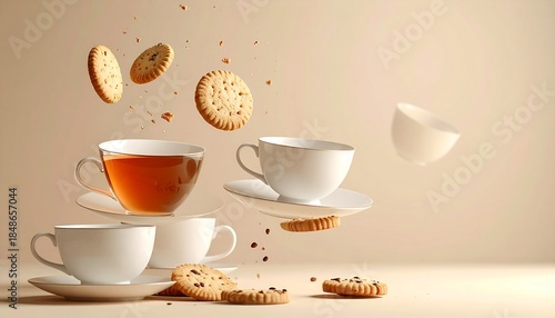 White teacups one glass cup with tea and cookies float and tumble against a plain light beige background