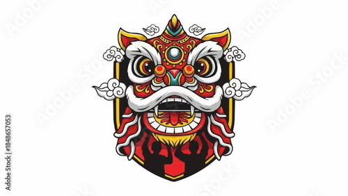 A vibrant, intricately designed Barong mask illustration, showcasing traditional culture and heritage, viewed directly from the front